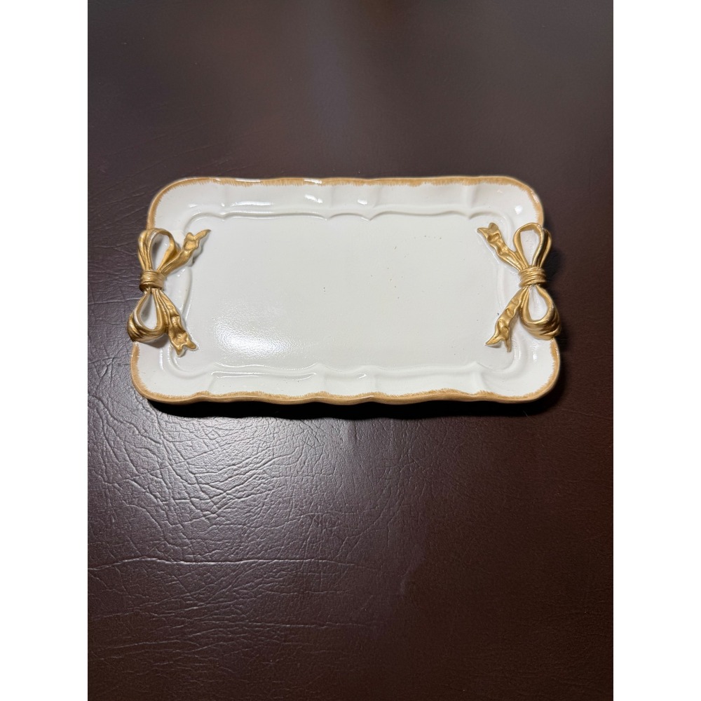 Vintage Style White Ceramic Vanity Tray with Gold Bow Accents Scalloped Edge